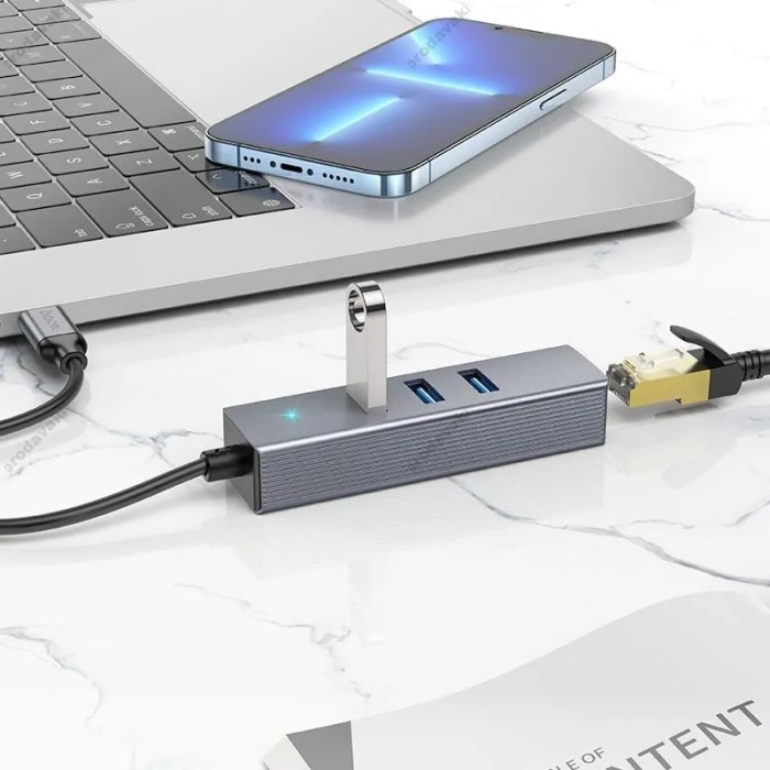 USB-Хаб Hoco HB34 Easy link Gigabit Ethernet adapter 4в1 Type-C to 3xUSB 3.0+RJ45 Metal Grey