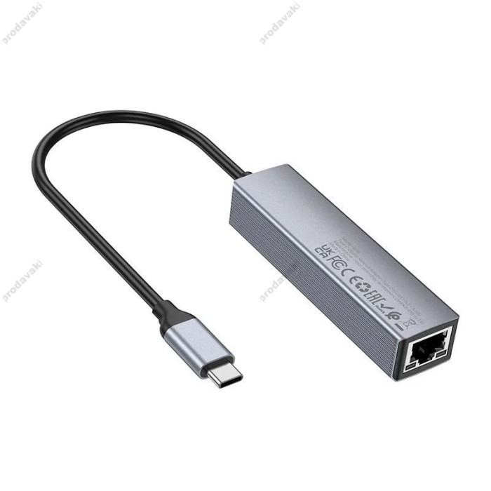 USB-Хаб Hoco HB34 Easy link Gigabit Ethernet adapter 4в1 Type-C to 3xUSB 3.0+RJ45 Metal Grey