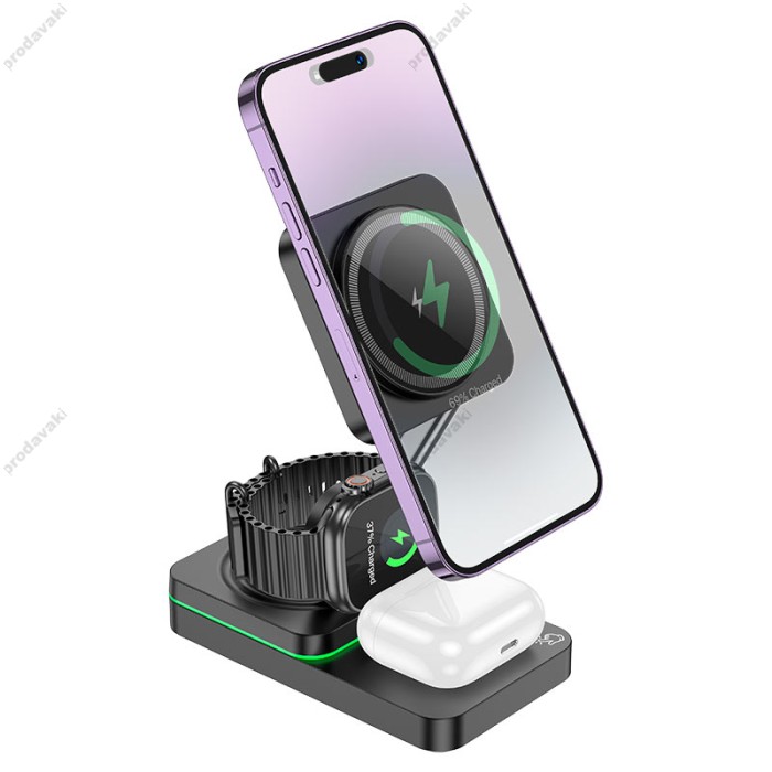 Бездротовий зарядний пристрій HOCO CQ10 Consuelo folding 3-in-1 wireless fast charger Black