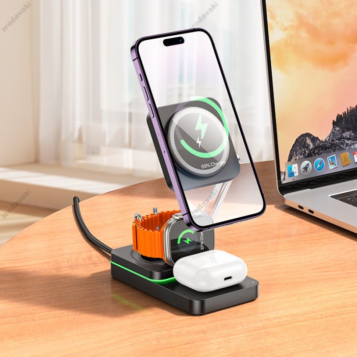 Бездротовий зарядний пристрій HOCO CQ10 Consuelo folding 3-in-1 wireless fast charger Black