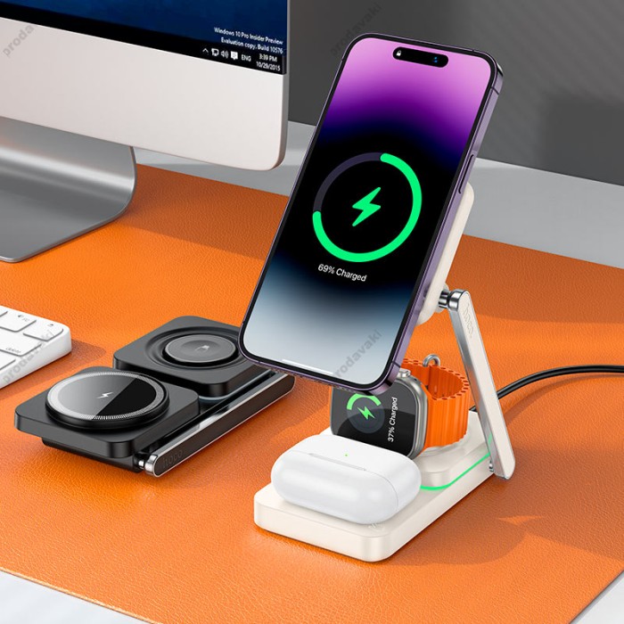 Бездротовий зарядний пристрій HOCO CQ10 Consuelo folding 3-in-1 wireless fast charger Milky White