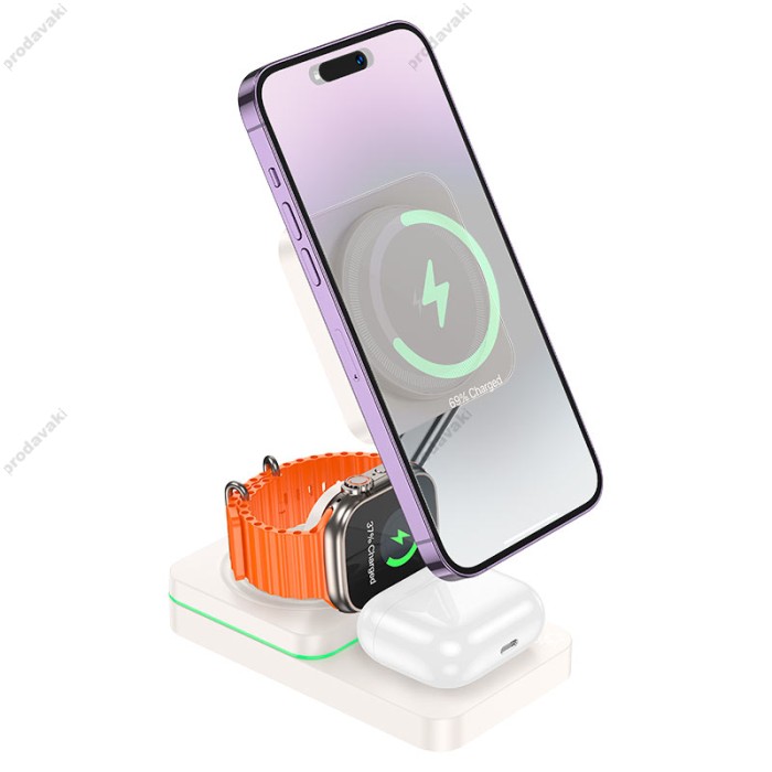 Бездротовий зарядний пристрій HOCO CQ10 Consuelo folding 3-in-1 wireless fast charger Milky White