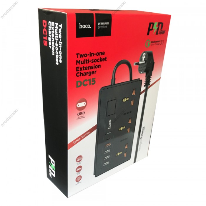 Мережевий подовжувач HOCO DC15 2-in-1 Multi-socket 4USB/1PD18W/3Plug/QC3.0/PD/30W Black