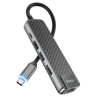 USB-Хаб Hoco HB23 Easy view Type-C to HDMI+USB3.0+USB2.0+PJ45+PD Metal grey