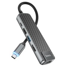 USB-Хаб Hoco HB23 Easy view Type-C to HDMI+USB3.0+USB2.0+PJ45+PD Metal grey