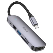 USB-Хаб HOCO HB28 multi-function converter 6в1 Type-C to HDMI+USB3.0+USB2.0+SD+TF+PD Metal Grey