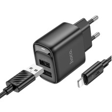 Мережевий зарядний пристрій HOCO C141A Smart dual-port charger Lightning cable 10.5W Black