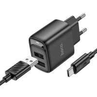 Мережевий зарядний пристрій HOCO C141A Smart dual-port charger Type-C cable 10.5W Black