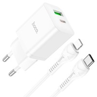 Мережевий зарядний пристрій HOCO N28 Founder dual port charger Lightning cable 20W White