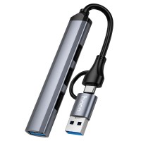 USB-Хаб HOCO HB26 Multifunction Adapter 4в1 Type-C/USB to USB3.0+3xUSB 2.0 Metal grey