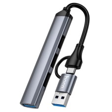 USB-Хаб HOCO HB26 Multifunction Adapter 4в1 Type-C/USB to USB3.0+3xUSB 2.0 Metal grey