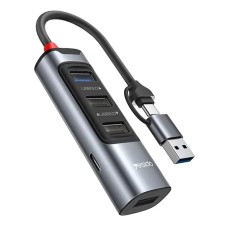 USB-хаб Yesido HB21 Multifunction Adapter 5в1 Type-C/USB to 1xUSB 3.0+2xUSB 2.0+USB-C+RJ45+PD Grey