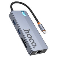 USB-Хаб HOCO HB52 Wow multi-function converter 6в1 Type-C to HDMI+RJ45+SD+TF+PD+Type-C 3.0+2xUSB 3.0 Grey