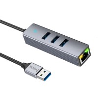 USB-Хаб Hoco HB34 Easy link USB Gigabit Ethernet adapter 4в1 USB to 3xUSB 3.0+RJ45 Metal Grey