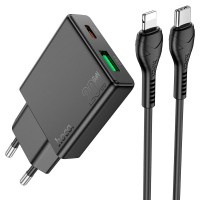 Мережевий зарядний пристрій HOCO N38 Delgado dual port charger Lightning cable 20W Black