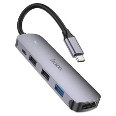 USB-Хаб HOCO HB27 multi-function converter 5в1 Type-C to HDMI+USB 3.0+2xUSB 2.0+PD Metal Grey