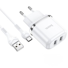 Мережевий зарядний пристрій HOCO N4 Aspiring dual port charger Type-C cable 12W White