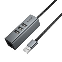 USB-Хаб Hoco HB1D converter 4в1 USB to 3xUSB 2.0+RJ45 Grey