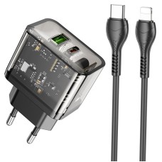 Мережевий зарядний пристрій HOCO N34 dazzling dual-port Lightning cable 20W Transparent-black