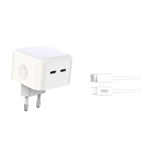 Мережевий зарядний пристрій XO L102 dual Type-c port fast charger with Lightning cable 35W White