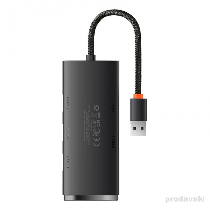 Адаптер USB Baseus Lite Series 4-Port Hub Adapter USB-A to USB 3.0*4 25cm Black (WKQX030001)