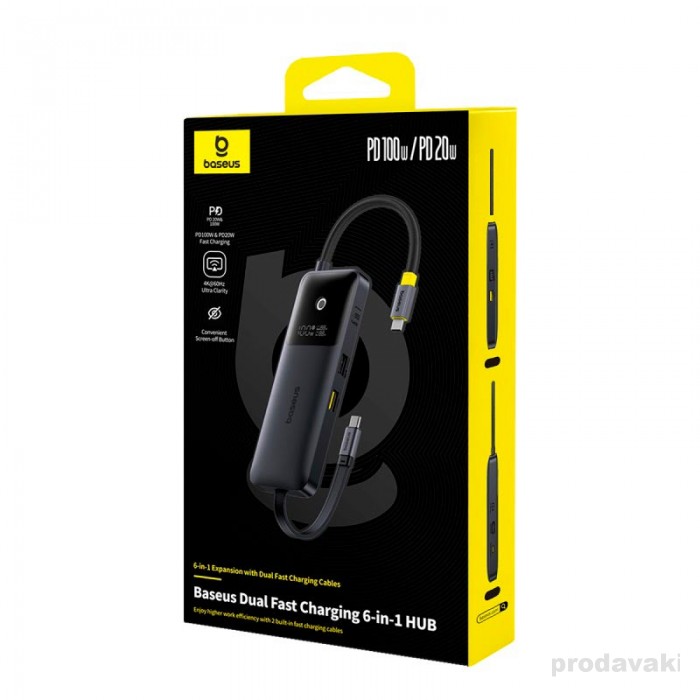 Адаптер Type-C HUB Baseus Dual Fast Charging 6 in 1 USB-C to HDMI + USB-A*2 + USB-C*3 Black (B00070902123-00)