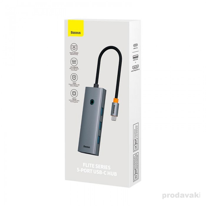 Адаптер Type-C HUB Baseus UltraJoy Series 5 in 1 Docking Station HDMI 4K@30Hz*1+USB 3.0*4 Grey (B00052809813-00)