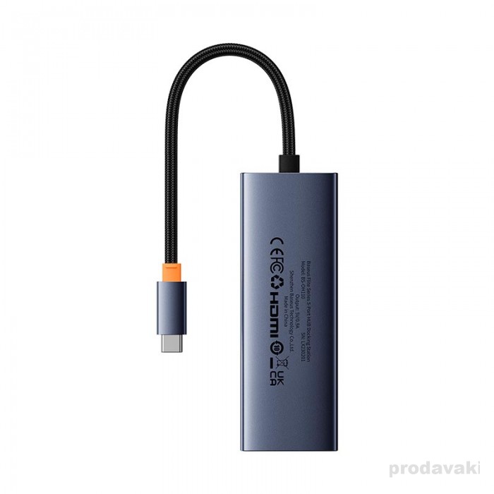 Адаптер Type-C HUB Baseus UltraJoy Series 5 in 1 Docking Station HDMI 4K@30Hz*1+USB 3.0*4 Grey (B00052809813-00)