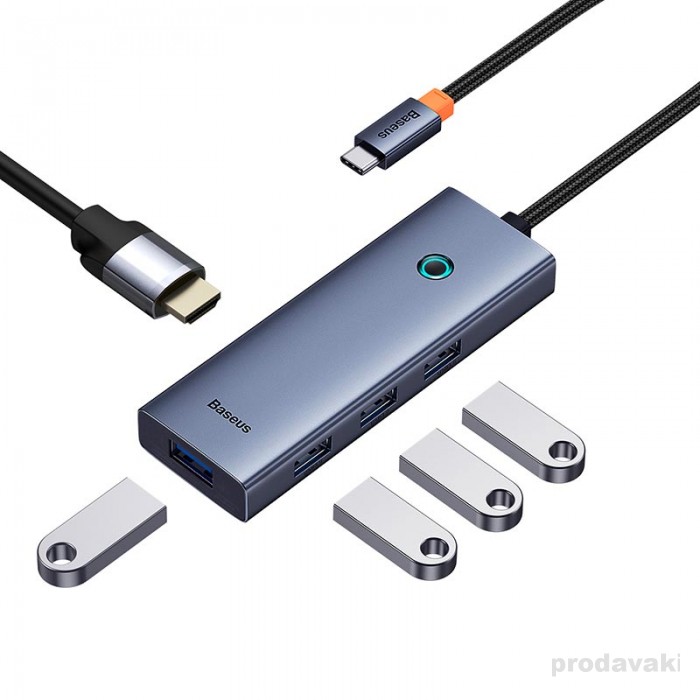 Адаптер Type-C HUB Baseus UltraJoy Series 5 in 1 Docking Station HDMI 4K@30Hz*1+USB 3.0*4 Grey (B00052809813-00)