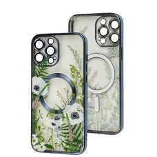 Чохол для iPhone 13 Pro Max Fibra Chrome MagSafe sierra blue квіти