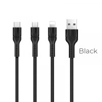 Кабель HOCO U31 Benay 3-in-1 з'єднувальний кабель (Lightning+Micro+Type-C) 2,4A/1,2m. Black