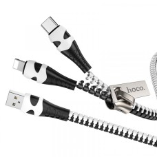 Кабель HOCO U97 2-in-1 Zipper charging cable для Lightning+Type-C 2,4A/0,96m. Black+white