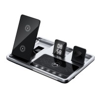 Бездротова зарядка стенд 4 IN1 AUTOMATIC (iPhone, iWatch, AirPods, Clock) 15W FAST Silver-black