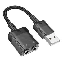 AUX-кабель аудіоадаптер HOCO LS37 Spirit 2-in-1 transparent external sound card for earphones USB to 3.5mm Black