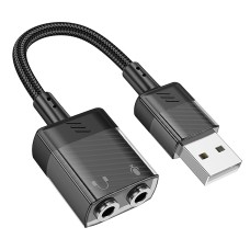 AUX-кабель аудіоадаптер HOCO LS37 Spirit 2-in-1 transparent external sound card for earphones USB to 3.5mm Black