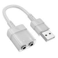 AUX-кабель аудіоадаптер HOCO LS37 Spirit 2-in-1 transparent external sound card for earphones USB to 3.5mm Gray