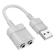 AUX-кабель аудіоадаптер HOCO LS37 Spirit 2-in-1 transparent external sound card for earphones USB to 3.5mm Gray