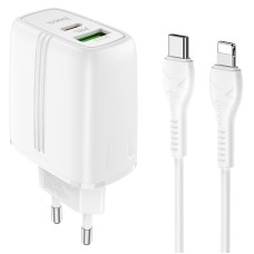 Мережевий зарядний пристрій HOCO N11 Powerful dual port charger Lightning cable 20W White