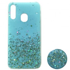 Силікон блискітки+popsoket для Samsung M20 (M205) sky blue