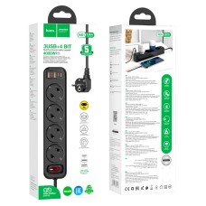 Подовжувач мережі фільтр HOCO NS1 Aura 4-bit extension 4Plug/1PD20W/2USB/QC3.0/4000W/3A/1,8m Black