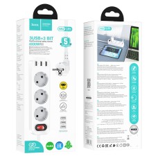 Подовжувач мережі фільтр HOCO NS2 3-position extension cord socket 3USB/3socket/4000W/1,8m White