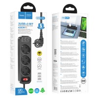 Подовжувач мережі фільтр HOCO NS2 3-position extension cord socket 3USB/3socket/4000W/1,8m Black