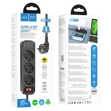Подовжувач мережі фільтр HOCO NS2 3-position extension cord socket 3USB/3socket/4000W/1,8m Black