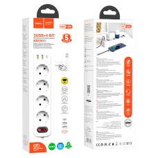 Подовжувач мережі фільтр HOCO NS1 Aura 4-bit extension 4Plug/1PD20W/2USB/QC3.0/4000W/3A/1,8m White
